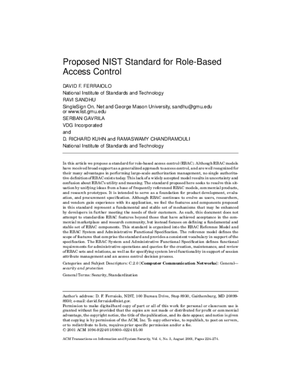 (PDF) Proposed NIST standard for role-based access control