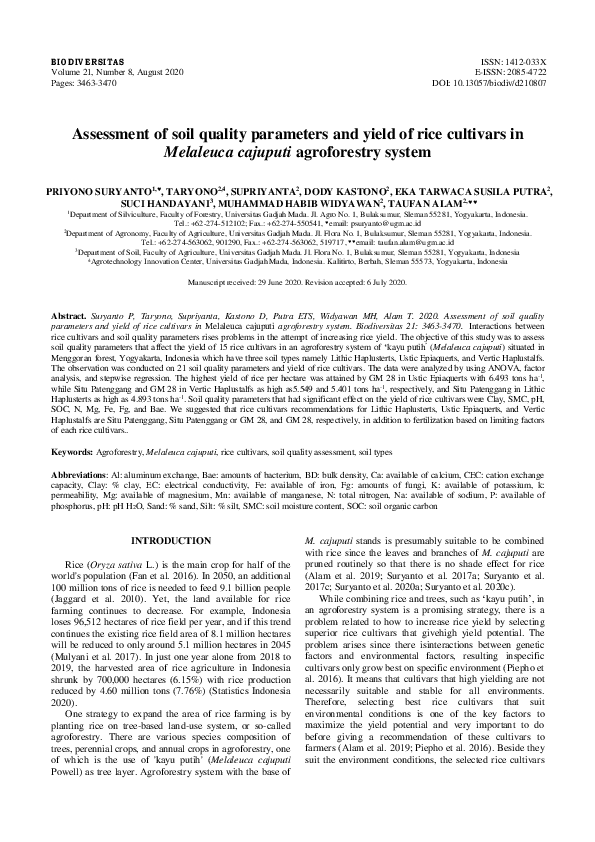 (PDF) Assessment of soil quality parameters and yield of rice cultivars ...