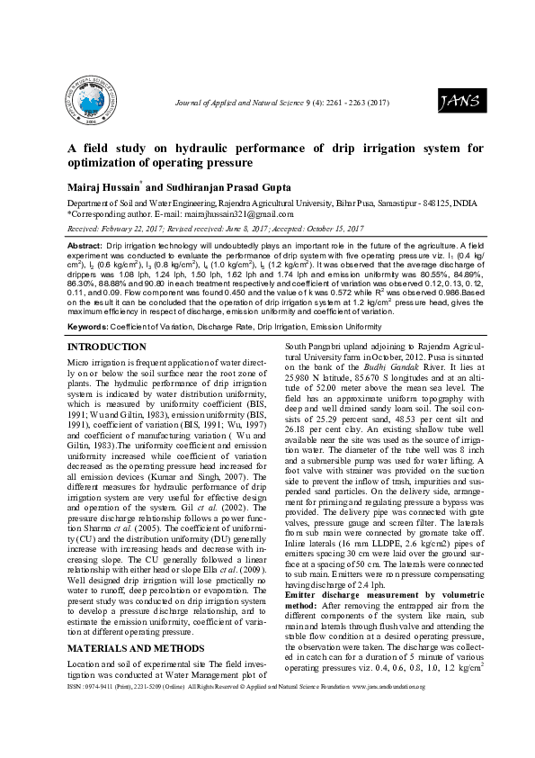 (PDF) A field study on hydraulic performance of drip irrigation system ...