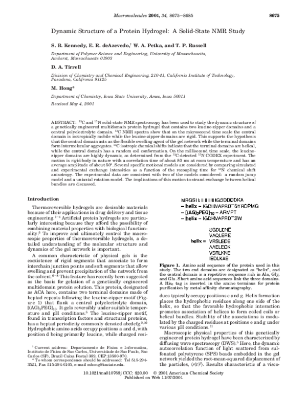 (PDF) Dynamic Structure of a Protein Hydrogel: A Solid-State NMR Study