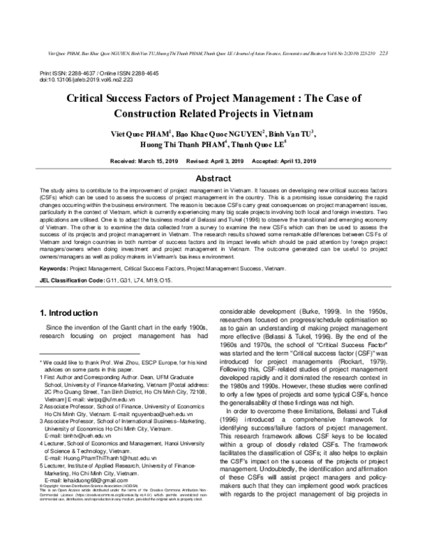 (PDF) Critical Success Factors of Project Management : The Case of ...