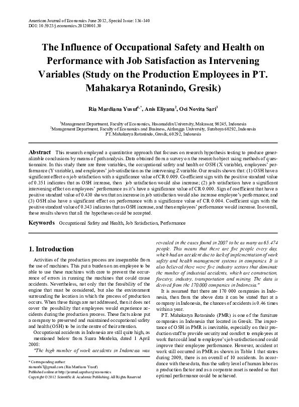 (PDF) The Influence of Occupational Safety and Health on Performance ...