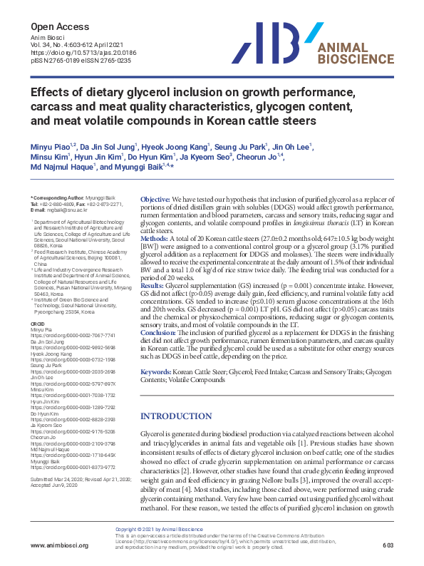 (PDF) Effects of dietary glycerol inclusion on growth performance, carcass and meat quality