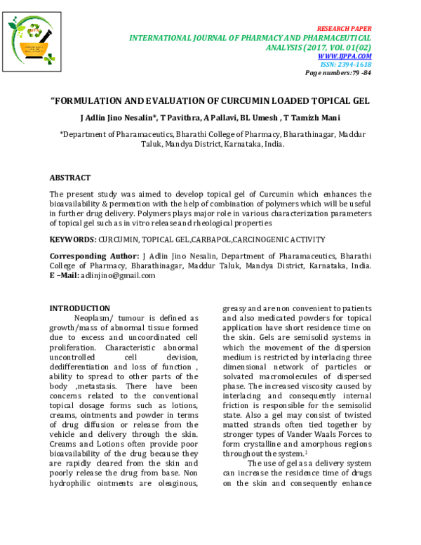 (PDF) Formulation and Evaluation of Curcumin Loaded Topical Gel