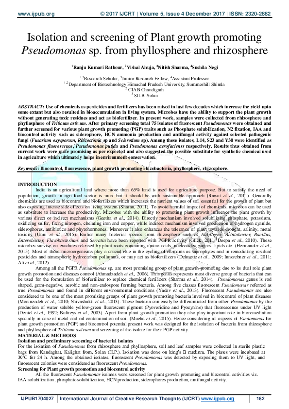 (PDF) Isolation and screening of Plant growth promoting Pseudomonas sp ...
