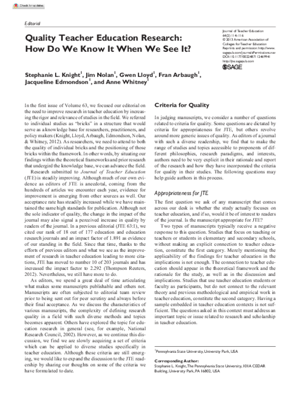 (PDF) Quality Teacher Education Research