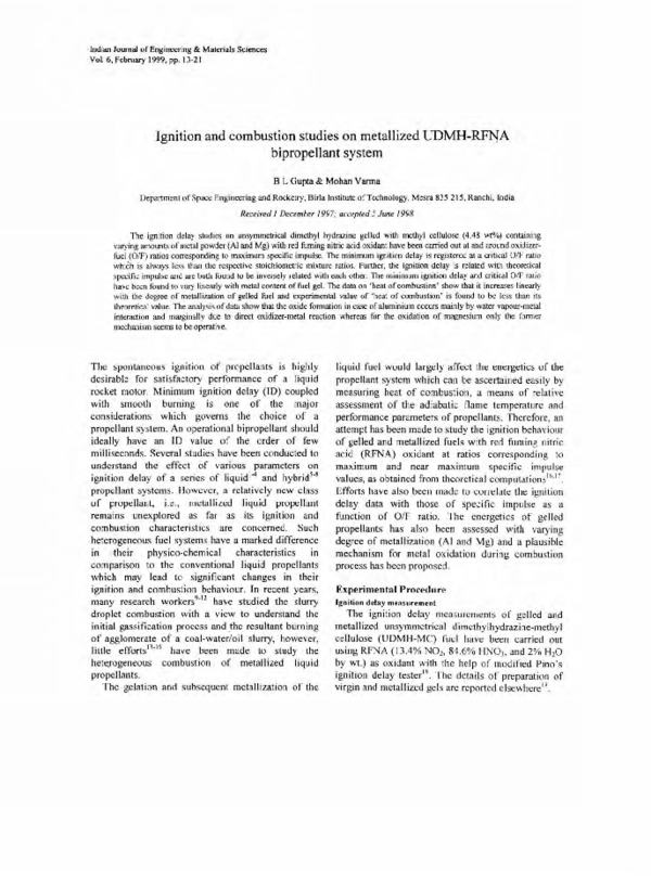(PDF) Ignition and Combustion Studies on Metallized UdmhRfna Bipropellant System Mohan Varma