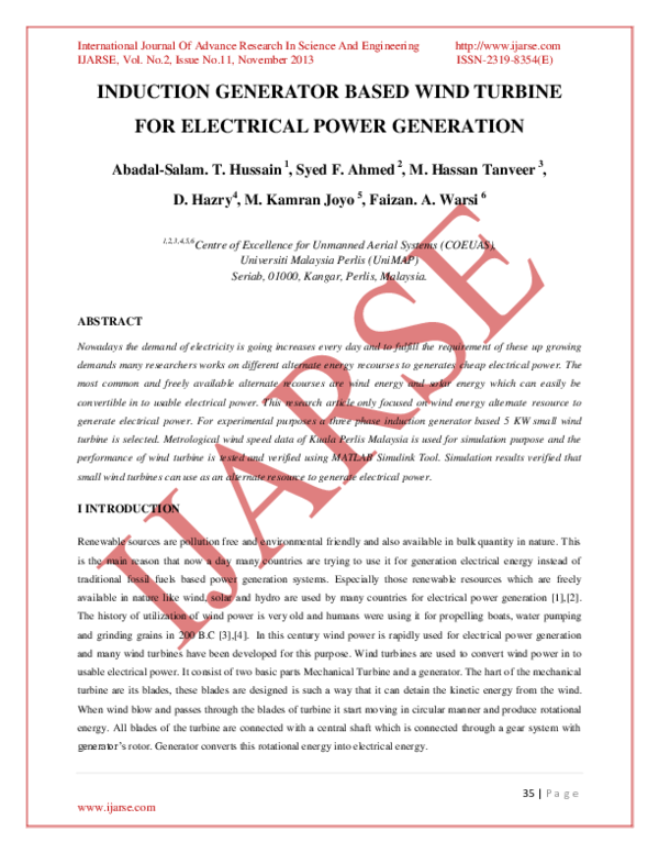 (PDF) Induction Generator Based Wind Turbine for Electrical Power ...