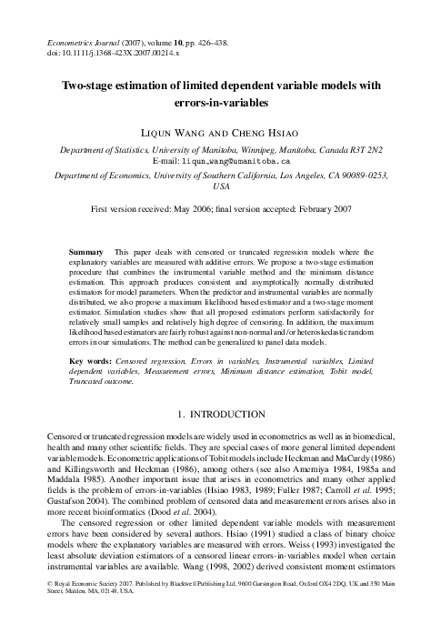(PDF) Two-stage estimation of limited dependent variable models with ...