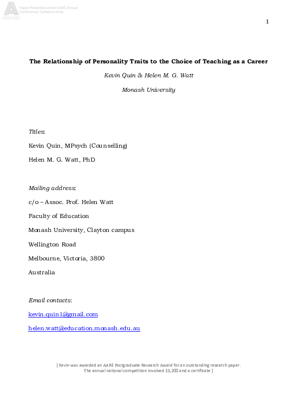 (PDF) The relationship of personality traits to the choice of teaching ...