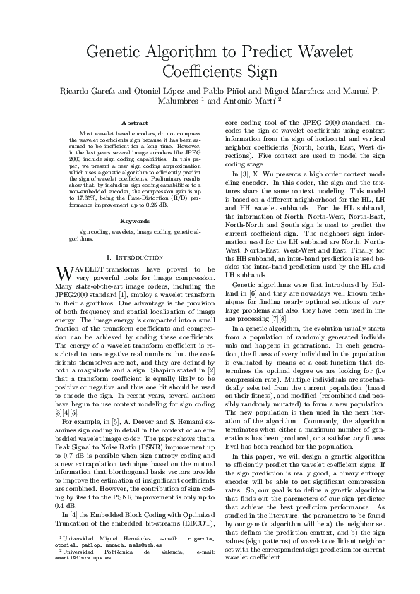 (PDF) Genetic Algorithm to Predict Wavelet Coefficients Sign