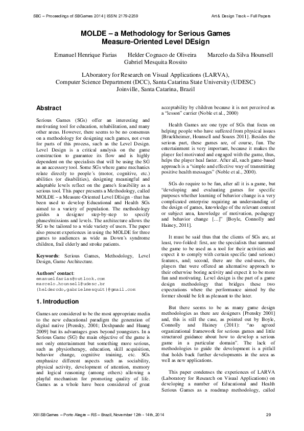 (PDF) MOLDE – a Methodology for Serious Games Measure-Oriented Level DEsign