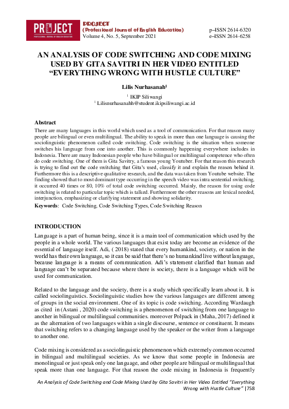 (PDF) An Analysis of Code Switching and Code Mixing Used by Gita ...