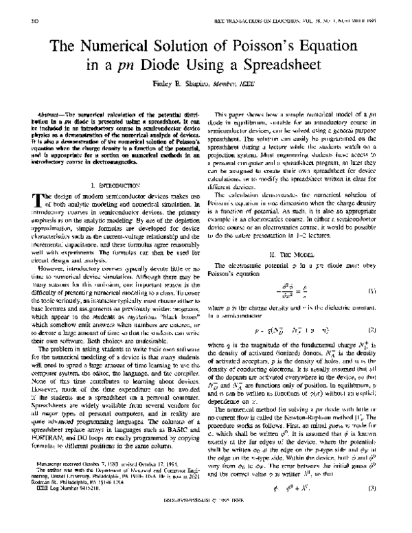(PDF) The numerical solution of Poisson's equation in a pn diode using ...