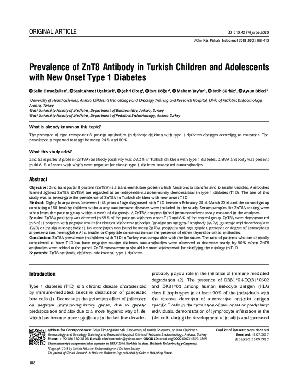 (PDF) PREVALENCE OF ZnT8 ANTIBODY IN TURKISH CHILDREN AND ADOLESCENTS