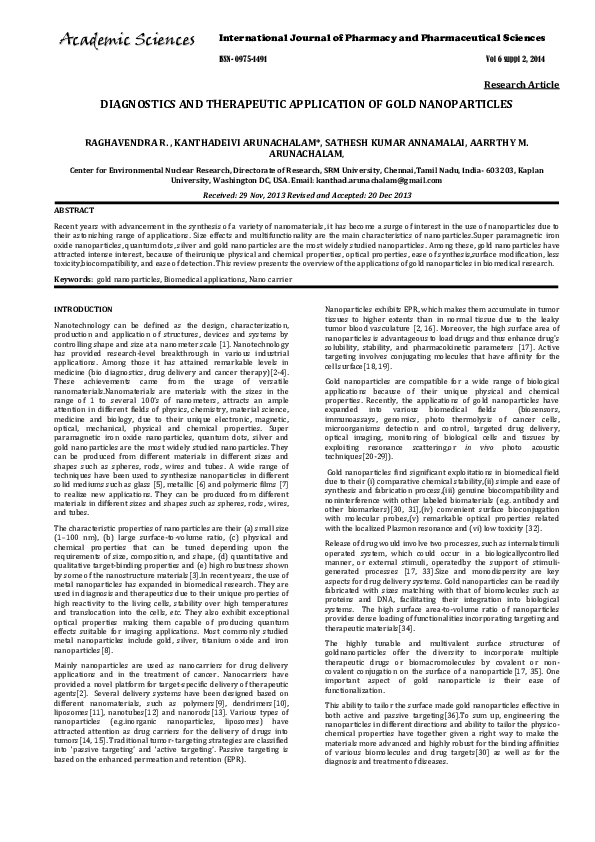 (PDF) Diagnostics And Therapeutic Application of Gold Nanoparticles