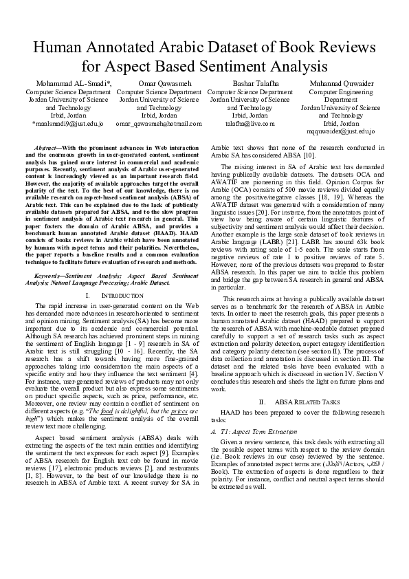 (PDF) Human Annotated Arabic Dataset of Book Reviews for Aspect Based ...