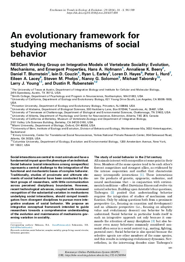 (PDF) An evolutionary framework for studying mechanisms of social behavior