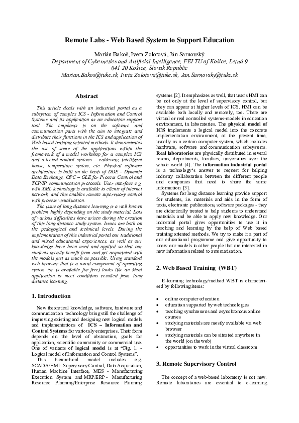(PDF) Remote Labs- Web Based System to Support Education