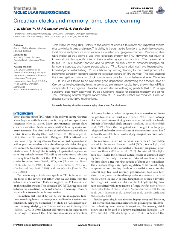 (PDF) Circadian clocks and memory timeplace learning Kees Mulder