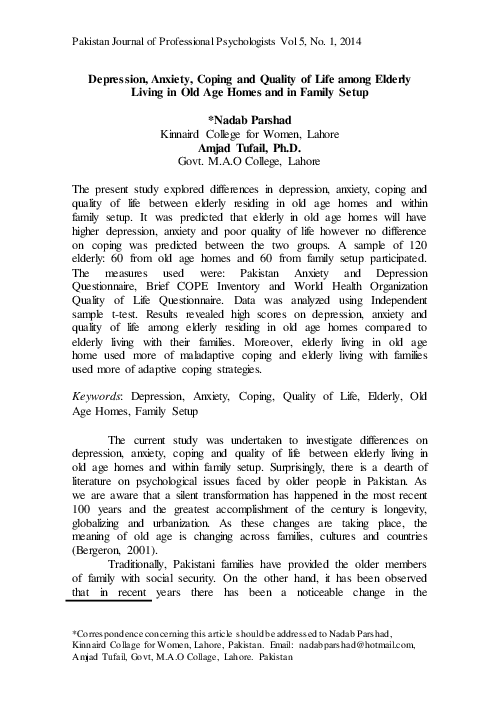 (PDF) Depression , Anxiety , Coping and Quality of Life among Elderly ...