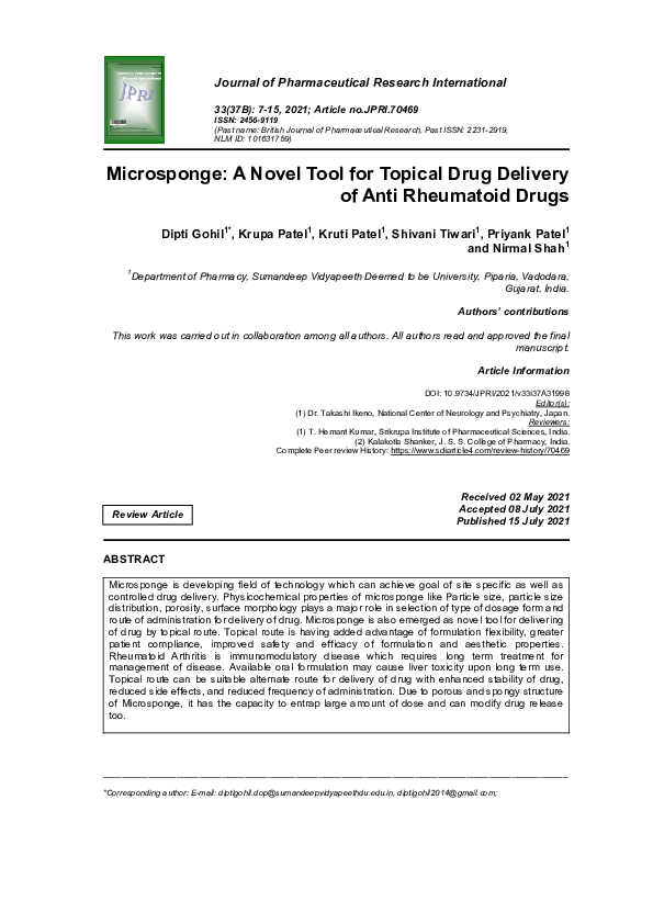 (PDF) Microsponge: A Novel Tool for Topical Drug Delivery of Anti ...