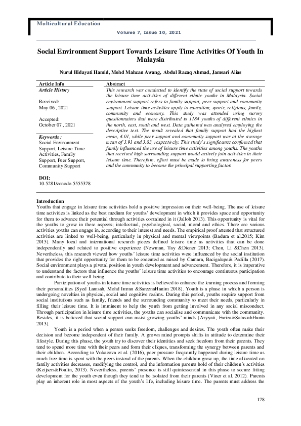 (PDF) Social Environment Support Towards Leisure Time Activities Of ...