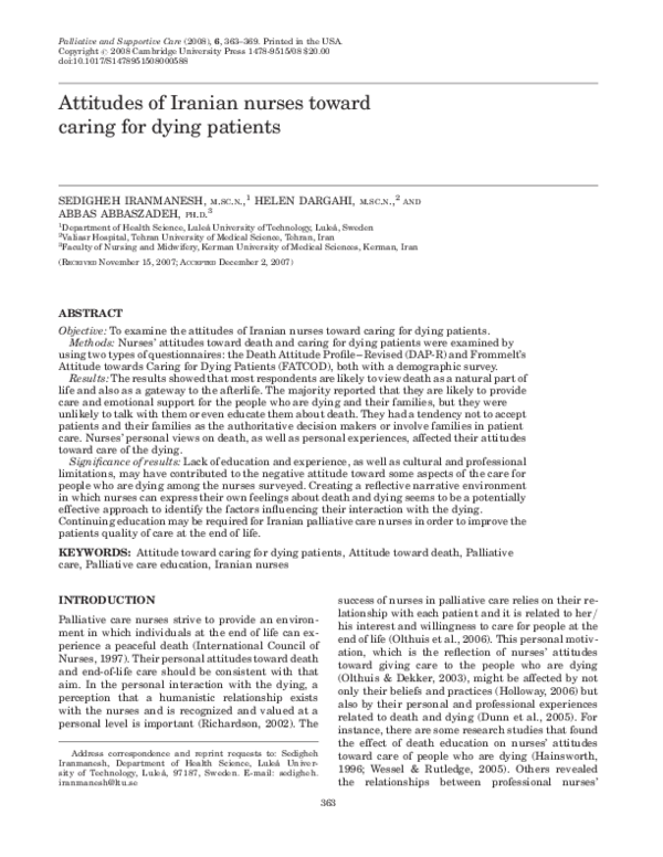 (PDF) Attitudes of Iranian nurses toward caring for dying patients