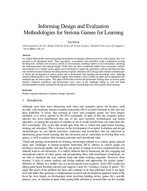 (PDF) Informing Design and Evaluation Methodologies for Serious Games ...
