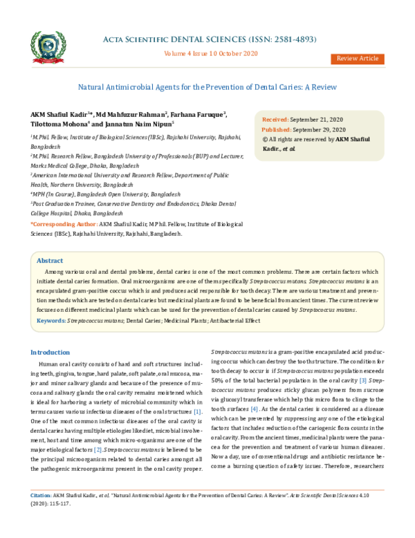 (PDF) Natural Antimicrobial Agents for the Prevention of Dental Caries
