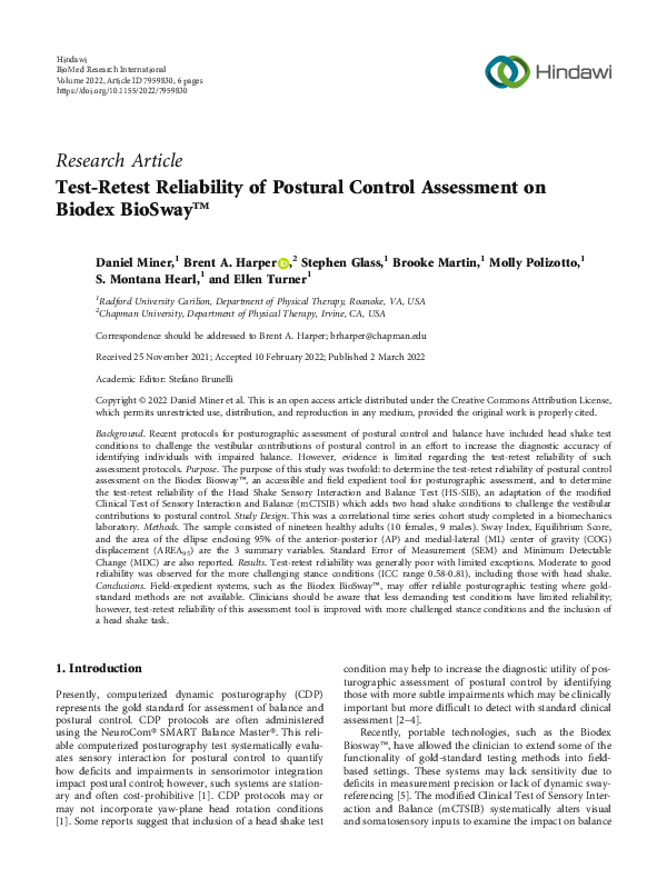 (PDF) Test-Retest Reliability of Postural Control Assessment on Biodex ...