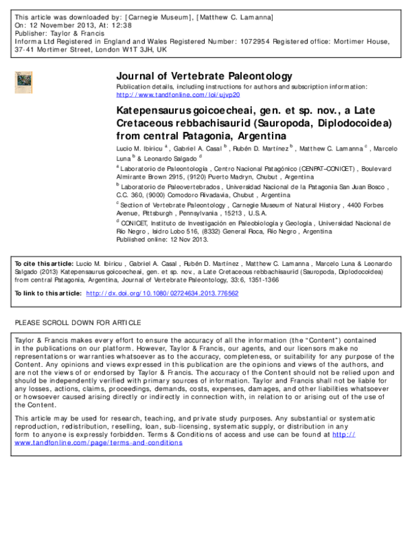 (PDF) Katepensaurus goicoecheai, gen. et sp. nov., a Late Cretaceous ...