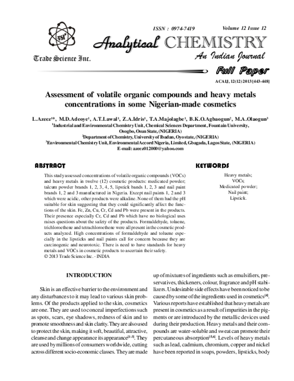 (PDF) Assessment of volatile organic compounds and heavy metals ...