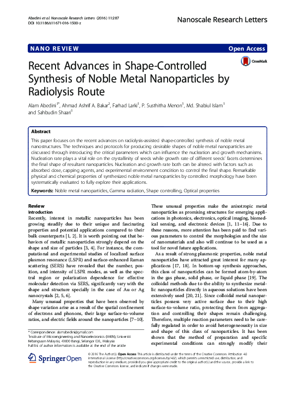 (PDF) Recent Advances in Shape-Controlled Synthesis of Noble Metal ...