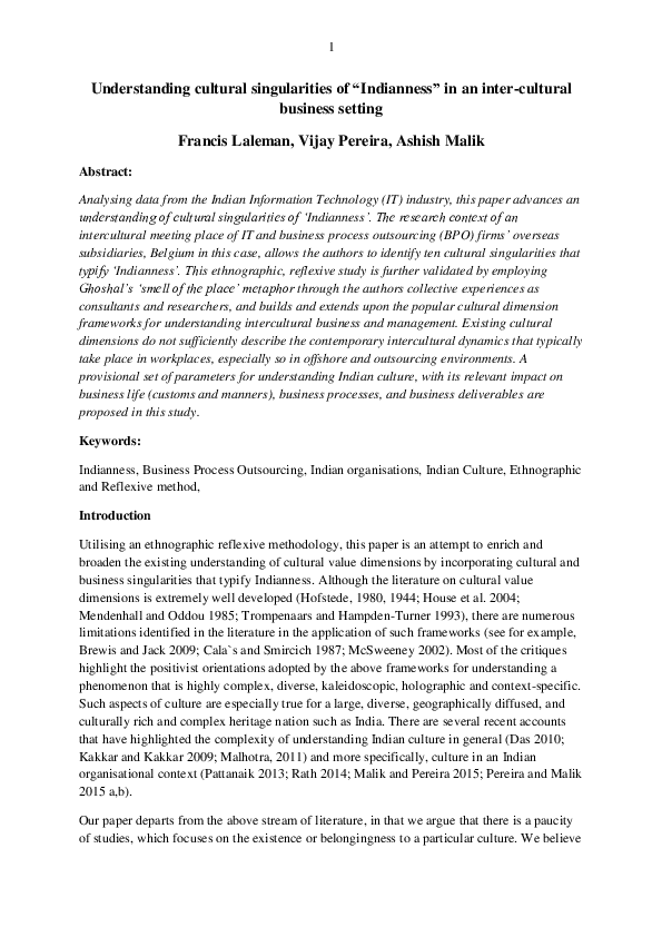 (PDF) Understanding cultural singularities of ‘Indianness’ in an ...