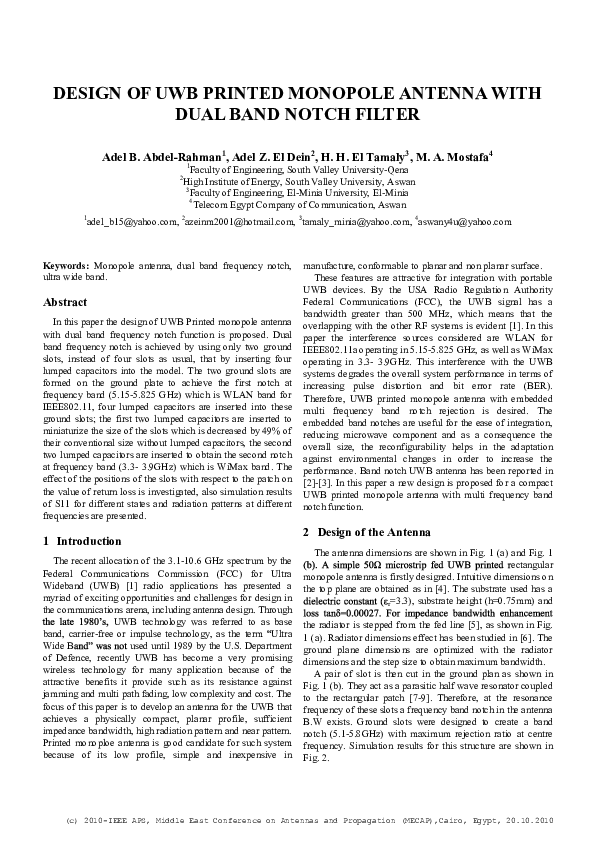 (PDF) Design of UWB printed monopole antenna with dual band notch filter