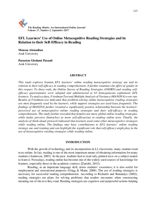 (PDF) EFL Learners' Use of Online Metacognitive Reading Strategies and ...