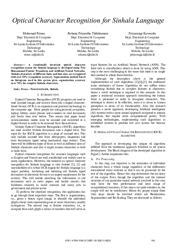 (PDF) Optical character recognition for Sinhala language