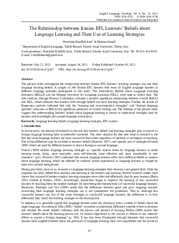 (PDF) The Relationship between Iranian EFL Learners’ Beliefs about ...