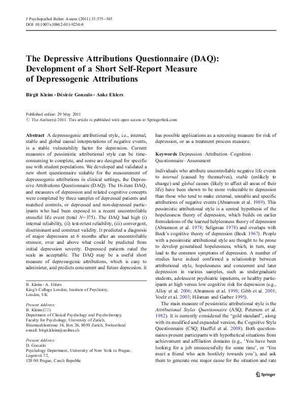(PDF) The Depressive Attributions Questionnaire (DAQ): Development of a ...