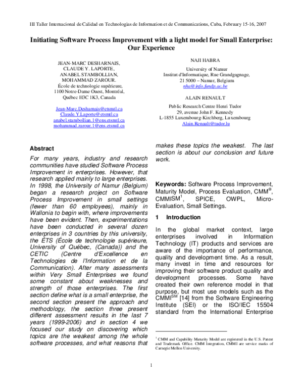 (PDF) Initiating Software Process Improvement with a light model for ...