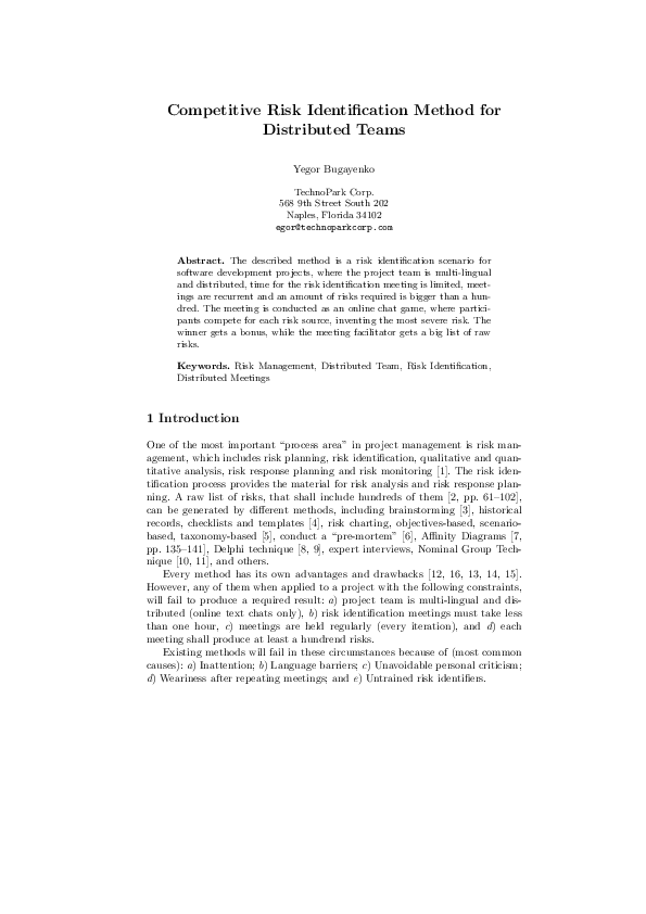 (PDF) Competitive Risk Identification Method for Distributed Teams