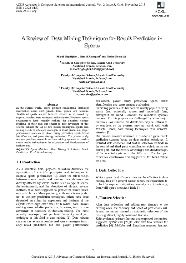 (PDF) A Review of Data Mining Techniques for Result Prediction in Sport
