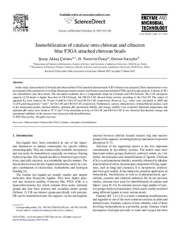 (PDF) Immobilization of catalase onto chitosan and cibacron blue F3GA ...