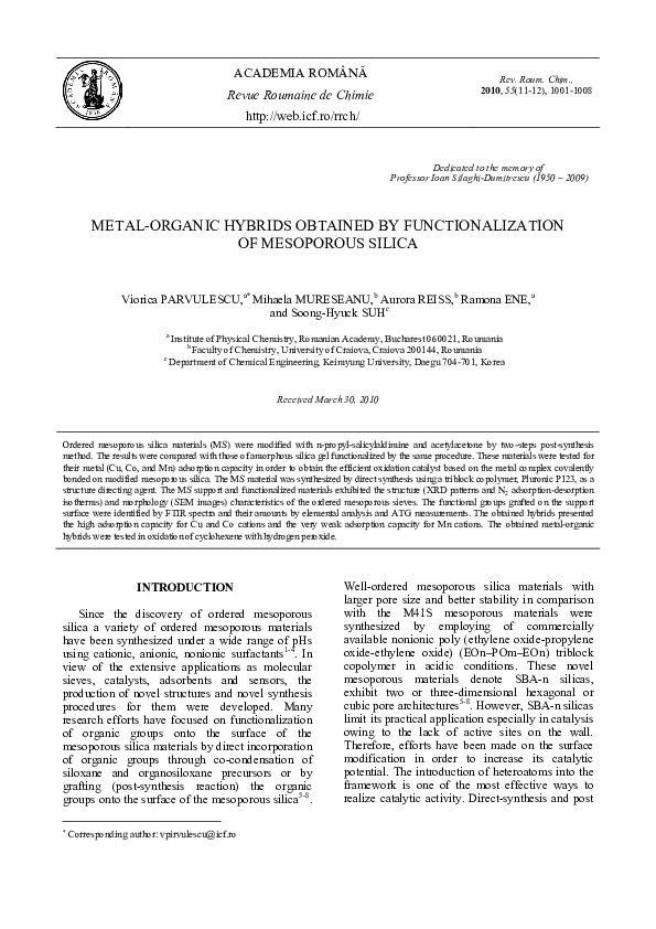 (PDF) Metal-Organic Hybrids Obtained by Functionalization of Mesoporous ...