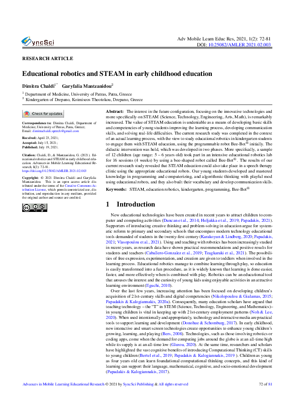 (PDF) Educational robotics and STEAM in early childhood education