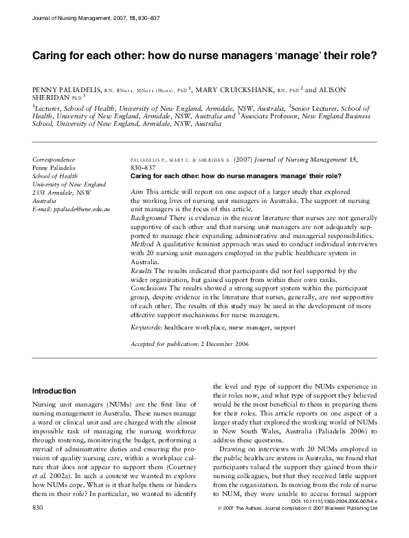 (PDF) Caring for each other how do nurse managers ‘manage’ their role
