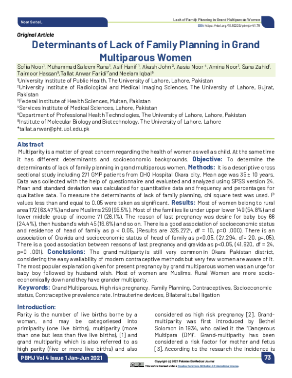 (PDF) Determinants of Lack of Family Planning in Grand Multiparous