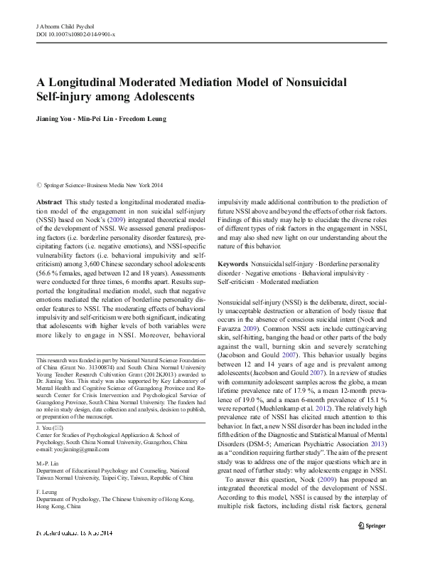 (PDF) A longitudinal moderated mediation model of nonsuicidal self ...