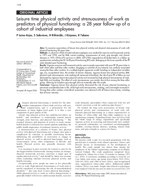 (PDF) Leisure time physical activity and strenuousness of work as ...